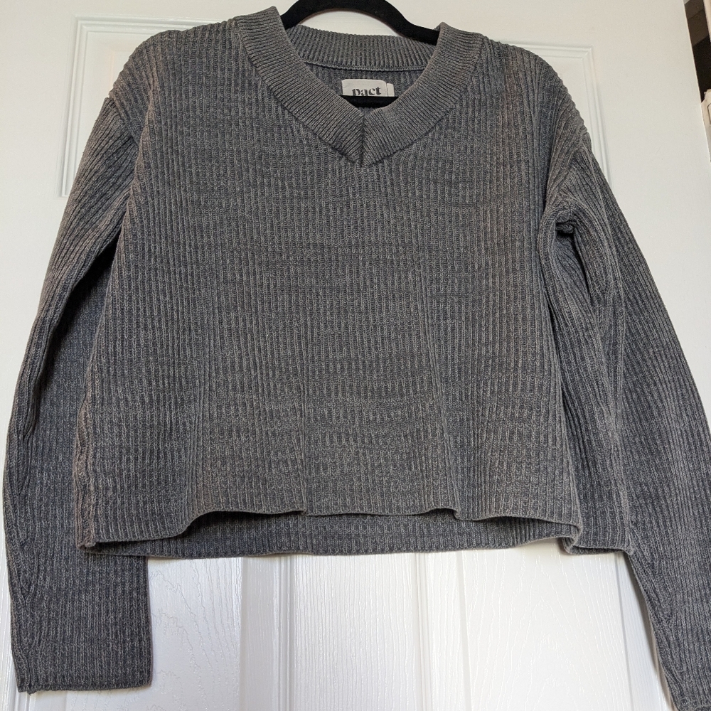 Pact Organic Cotton Wool V-Neck Knit Sweater Breathable, Cozy, Soft, Gray Sz S